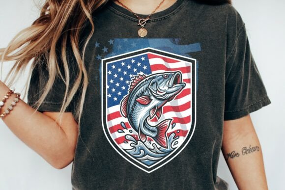 USA Flag Bass Fishing Graphic Emblem: Patriotic Design Asset